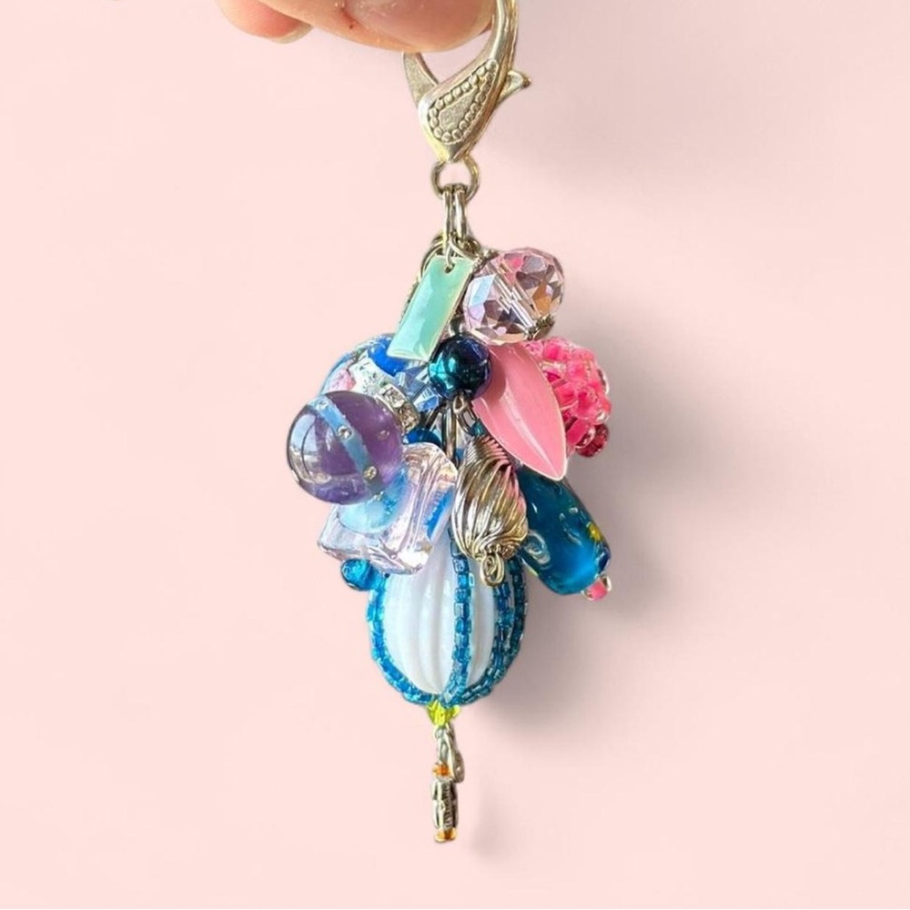 Y2k Blue and pink beaded upcycled keychain with charms.